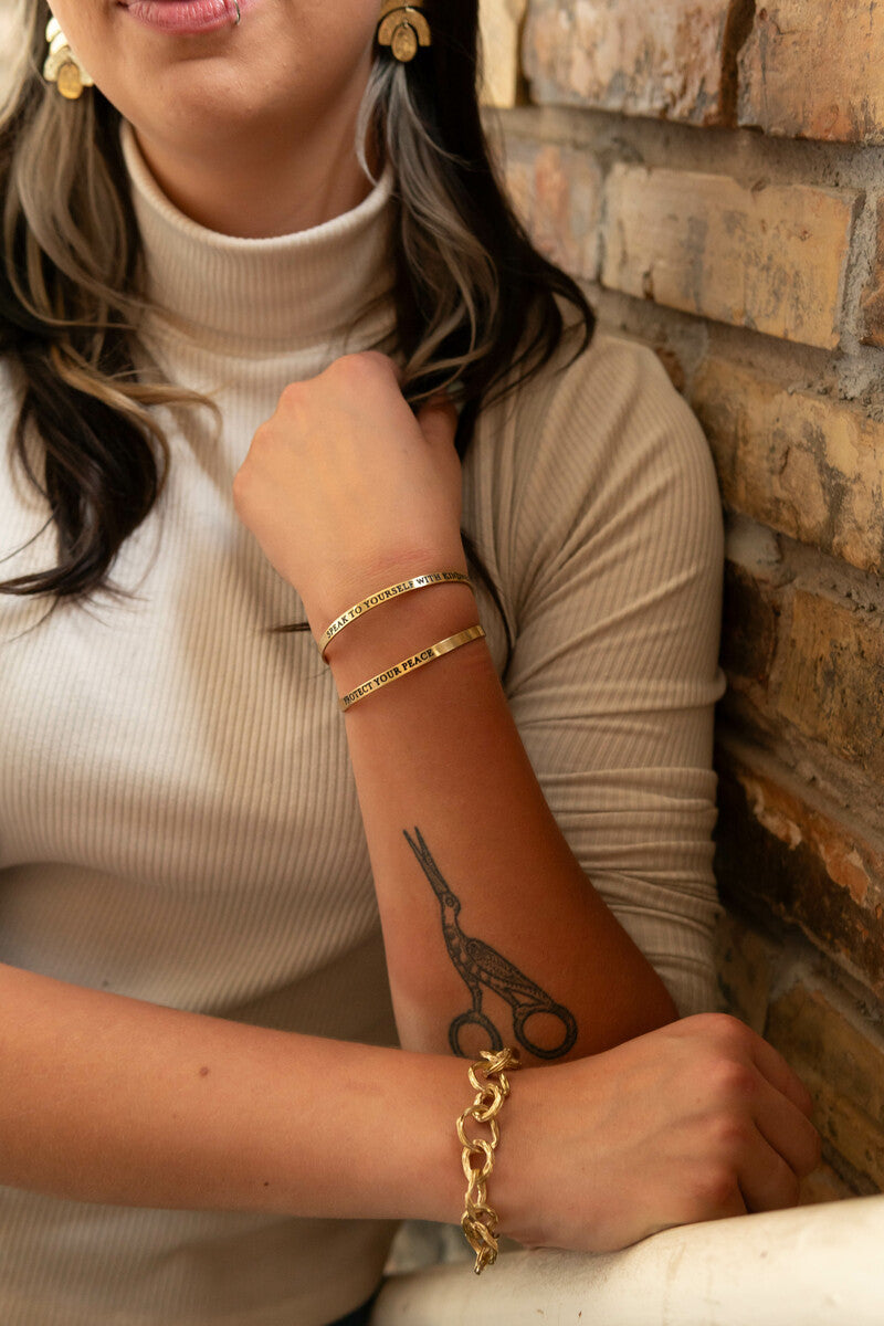 Luxe Brass Chunky Chain Bracelet with Preserve Self Love quote – ethical jewellery by Fair Anita