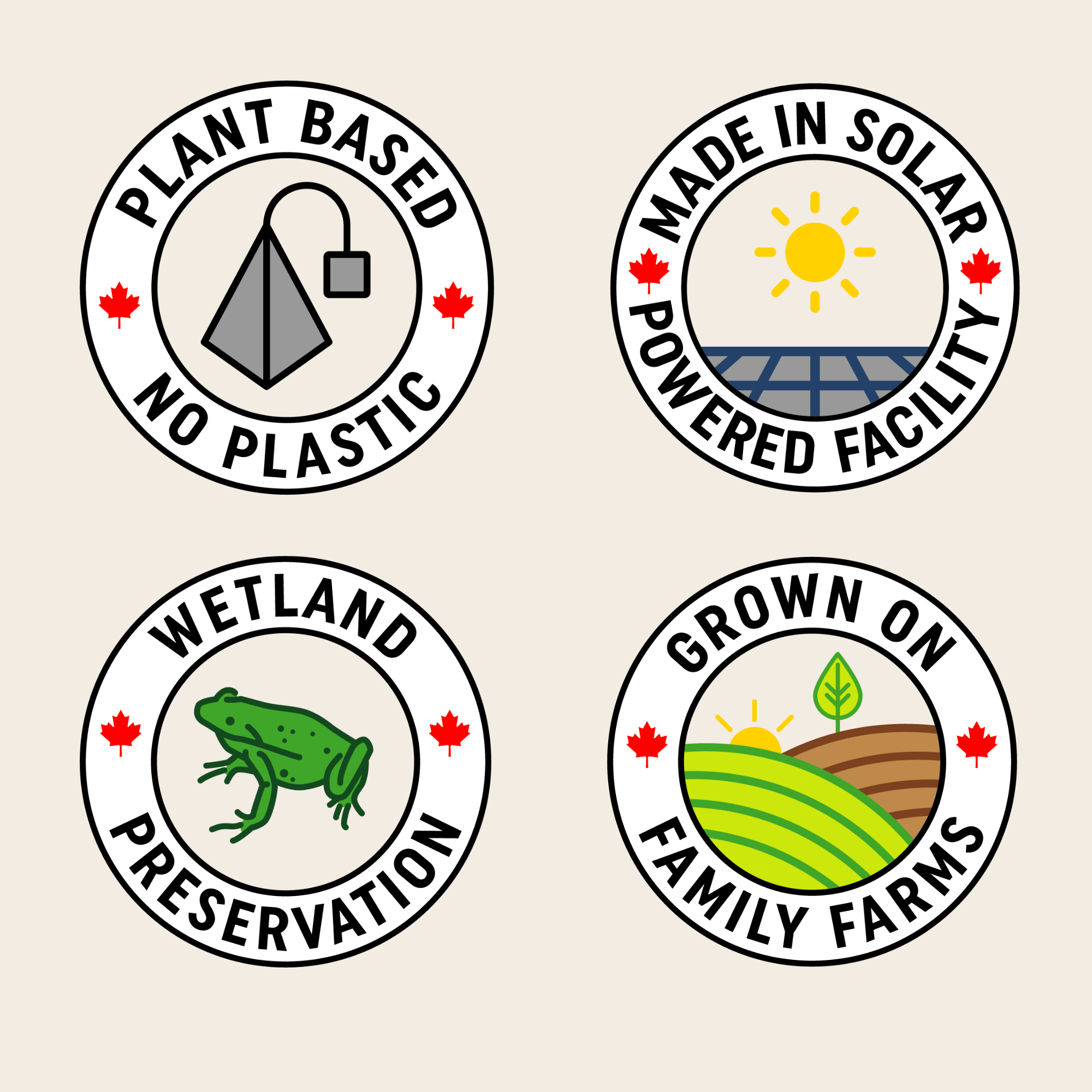 Four eco-friendly product labels on a beige background