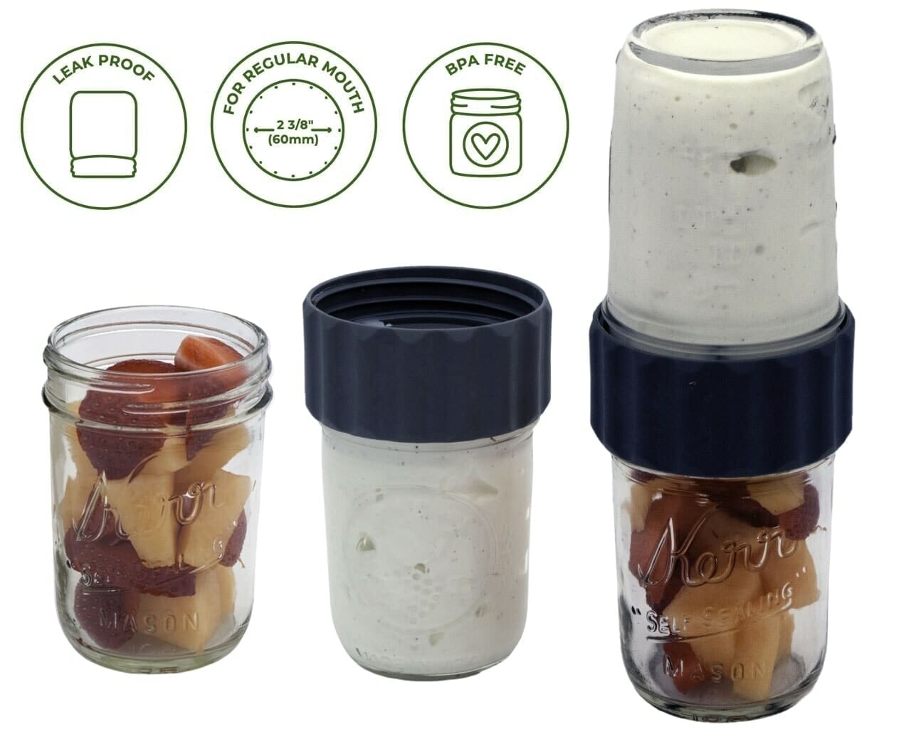 Mason jar with airtight lid, showing 'leak proof', 'for regular mouth', and 'BPA free' features.