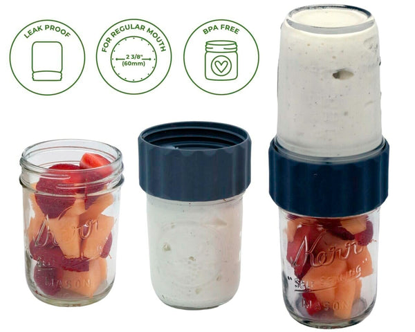 Mason jar with airtight lid, showing 'leak proof', 'for regular mouth', and 'BPA free' features.