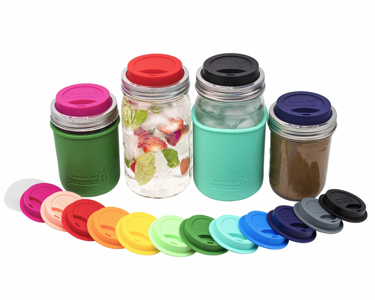 Set of reusable water bottles with colorful lids on a white background.  Transform your Mason jars into eco-friendly tumblers with Silicone Drinking Lids and Stainless Steel Bands from Clozist. BPA-free, LFGB-certified, and dishwasher safe. Perfect for smoothies, coffee, or toddler sippy cups. Shop the sustainable Amazon alternative!