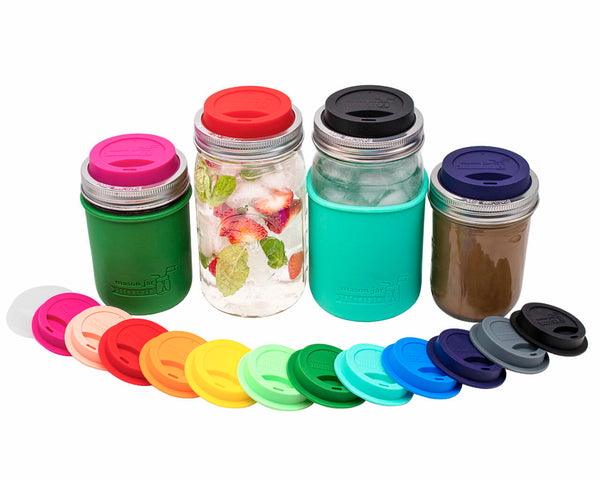 Set of reusable water bottles with colorful lids on a white background.  Transform your Mason jars into eco-friendly tumblers with Silicone Drinking Lids and Stainless Steel Bands from Clozist. BPA-free, LFGB-certified, and dishwasher safe. Perfect for smoothies, coffee, or toddler sippy cups. Shop the sustainable Amazon alternative!