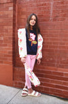 Mon Coeur Recycled Cotton Flower Kids Sweatshirt in navy laid flat showing full unisex design
