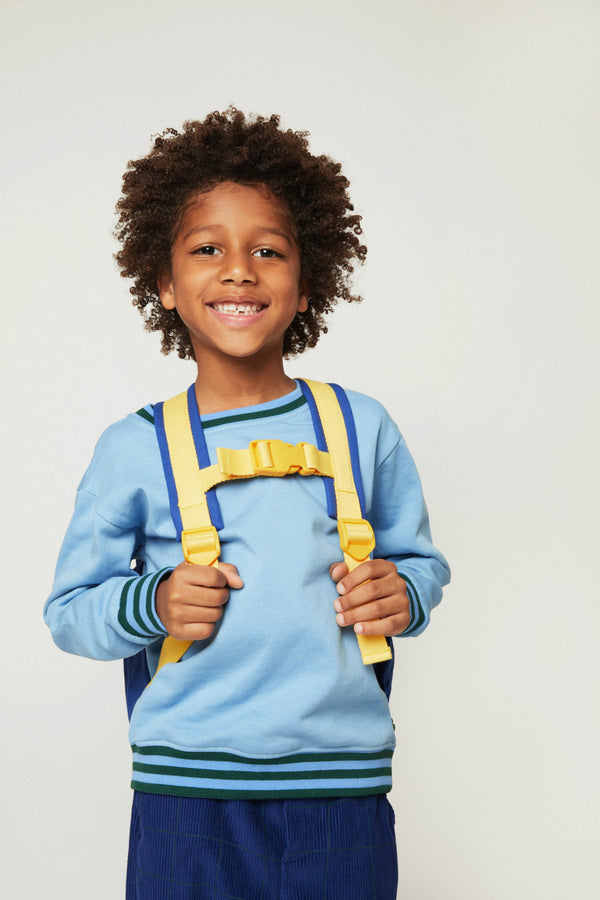 Mon Coeur kids blue sweatshirt worn as part of a coordinated set with matching jogger