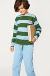 Child wearing Mon Coeur blue and green stripe long sleeve tee, styled for everyday wear