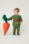 Mon Coeur toddler jogger pants with embroidered carrot knee detail, styled as part of a fall-winter outfit