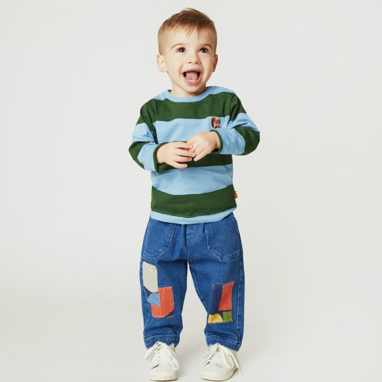 Mon Coeur blue and green stripe organic cotton long sleeve t-shirt for babies and kids, made in Portugal