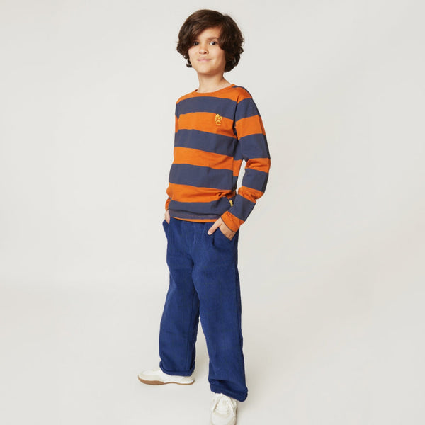 Mon Coeur Chestnut and Navy Rugby Stripe Long Sleeve T-Shirt styled for fall, sizes 1Y to 12Y