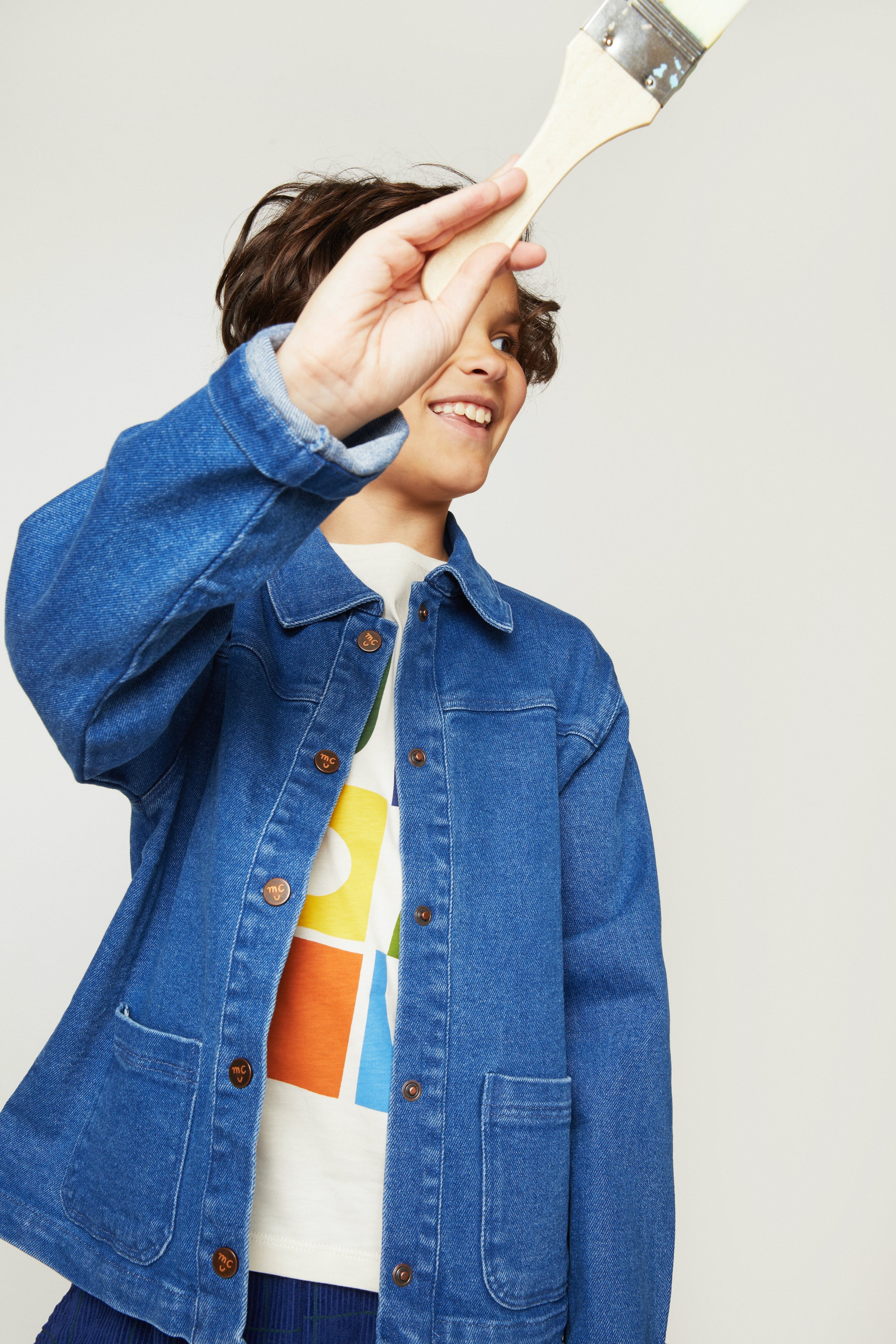 Mon Coeur Kids Denim Barn Jacket styled as a versatile unisex layer for babies and kids