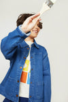 Mon Coeur Kids Denim Barn Jacket styled as a versatile unisex layer for babies and kids