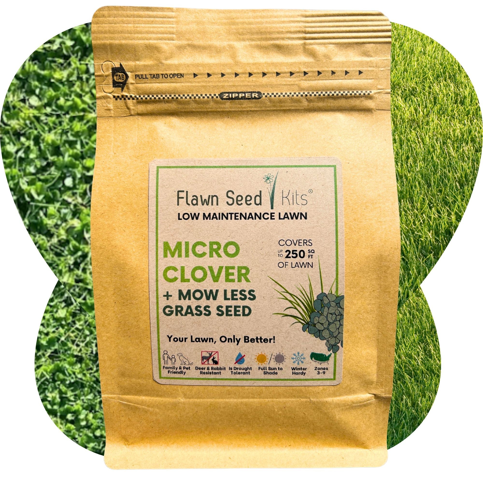 Flawn Seed Kits micro clover and mow less grass seed package with green grass background