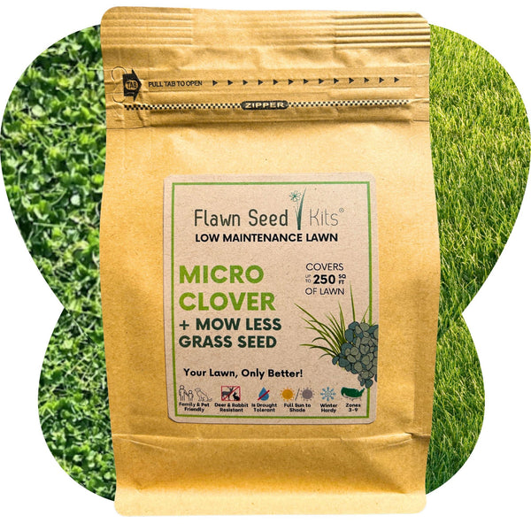 Flawn Seed Kits micro clover and mow less grass seed package with green grass background
