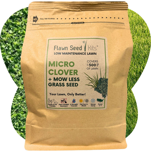 Flawn Seed Kits micro clover and mow less grass seed package with a grassy background