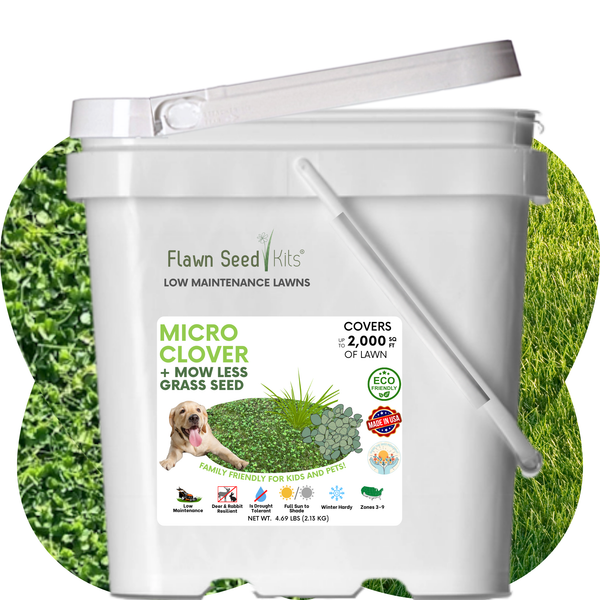 White bucket of Flawn Seed Kits with grass seed label on a green grass background