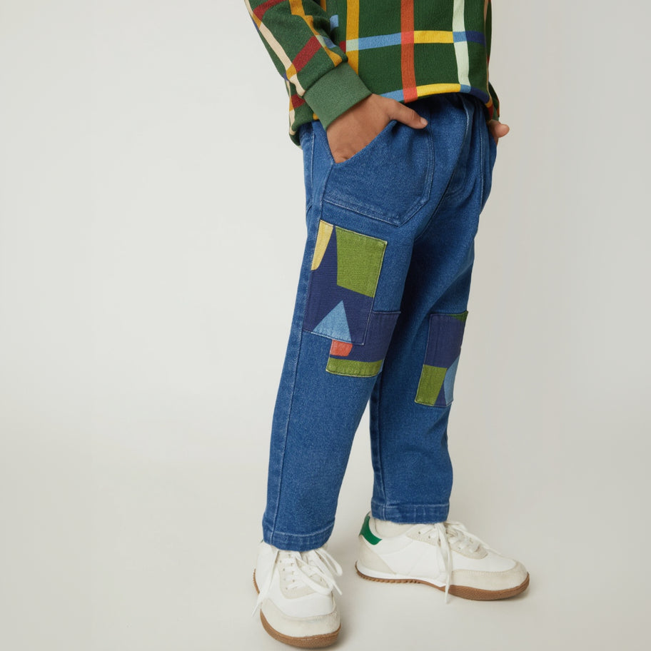 Mon Coeur unisex kids patched denim pant made from organic and recycled denim, front view