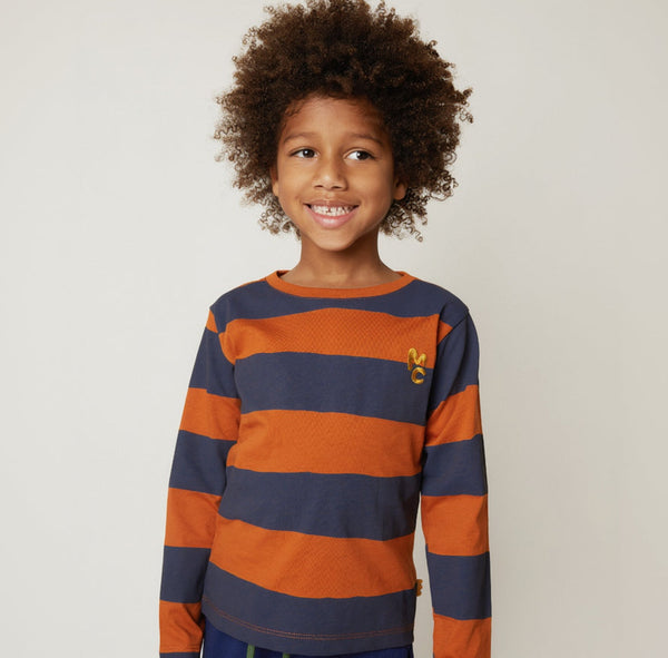 Mon Coeur kids long sleeve rugby stripe t-shirt in chestnut and navy, made in Portugal