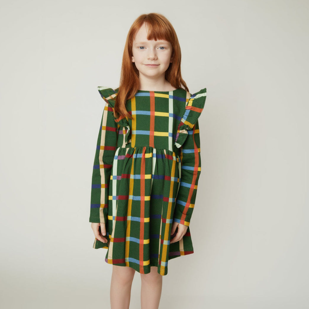 Mon Coeur Fall Grid Ruffle Dress for babies and kids, sizes 1Y–12Y, sustainably made in Portugal