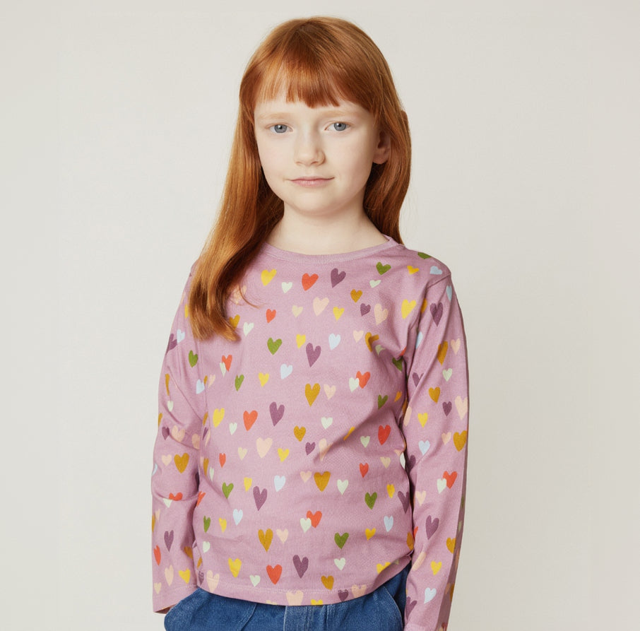 Mon Coeur kids long sleeve tee with signature mini heart print, available in sizes 1Y to 12Y