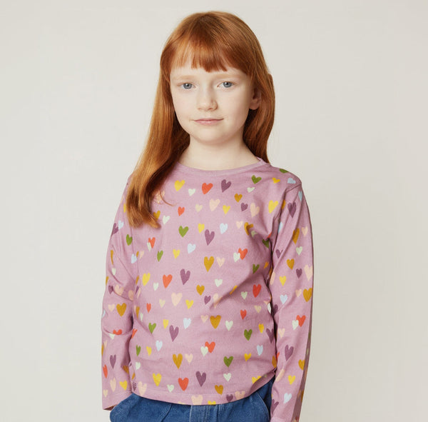 Mon Coeur kids long sleeve tee with signature mini heart print, available in sizes 1Y to 12Y