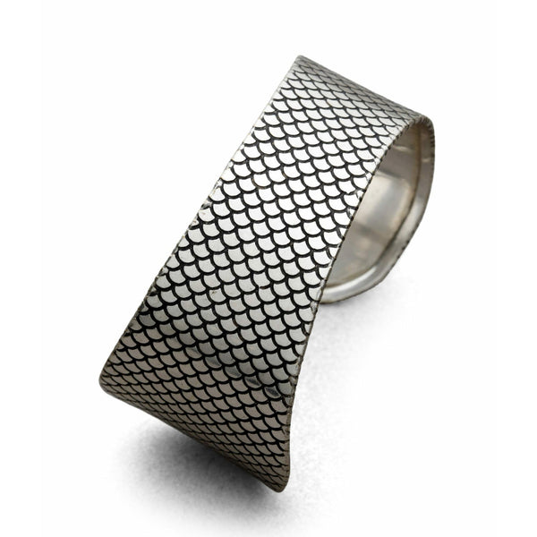Engraved brass open cuff bracelet with fish scale motif in antique silver-tone finish, 3.25 inch diameter