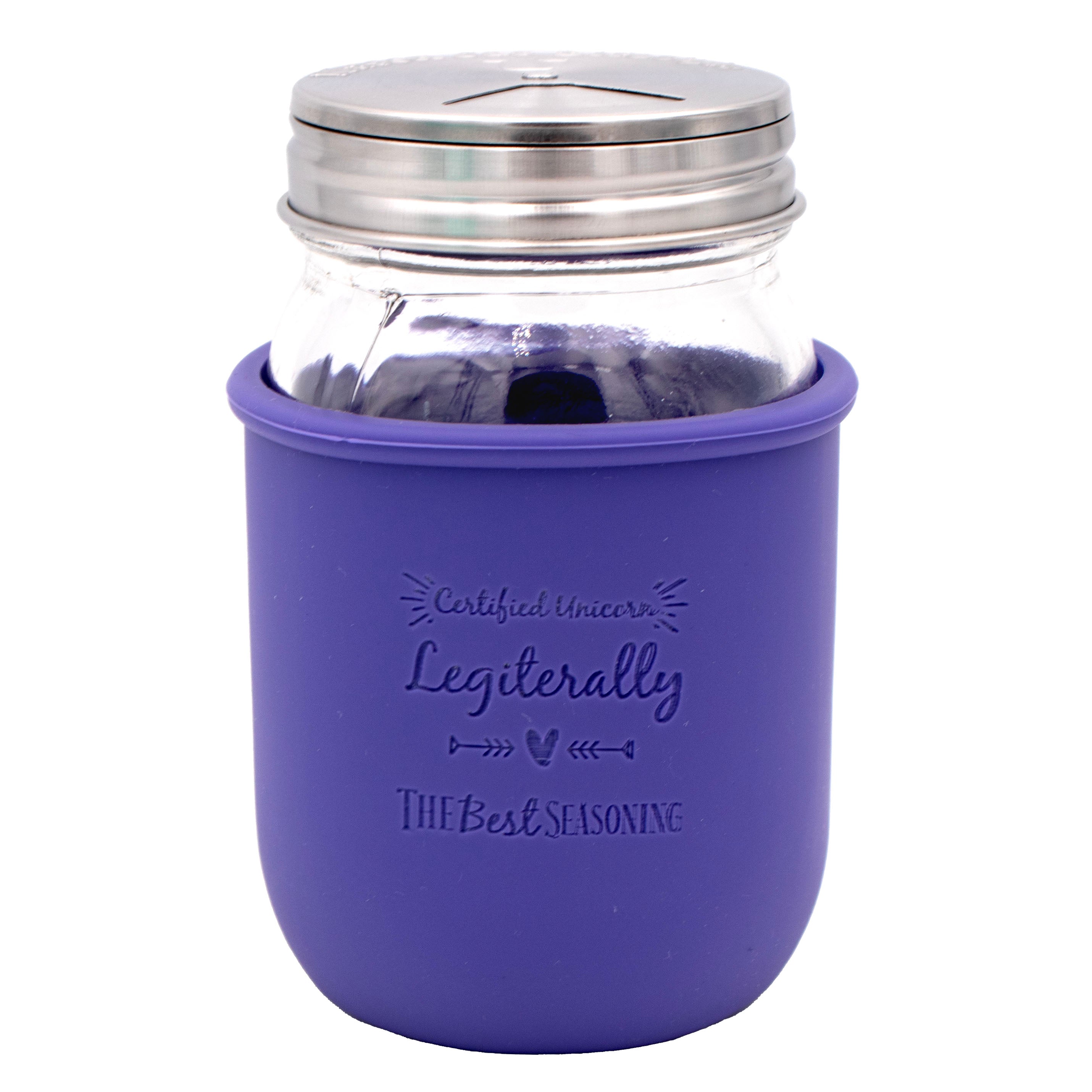 Glass jar with purple silicone sleeve and silver lid on a white background