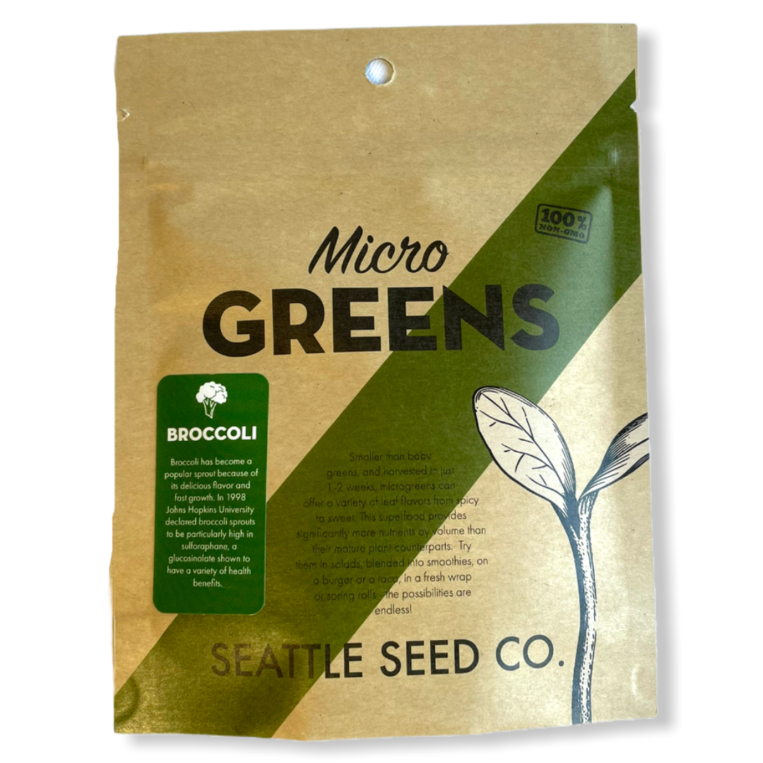 Large quantity of broccoli microgreens seeds in bulk packaging from Seattle Seed Company
