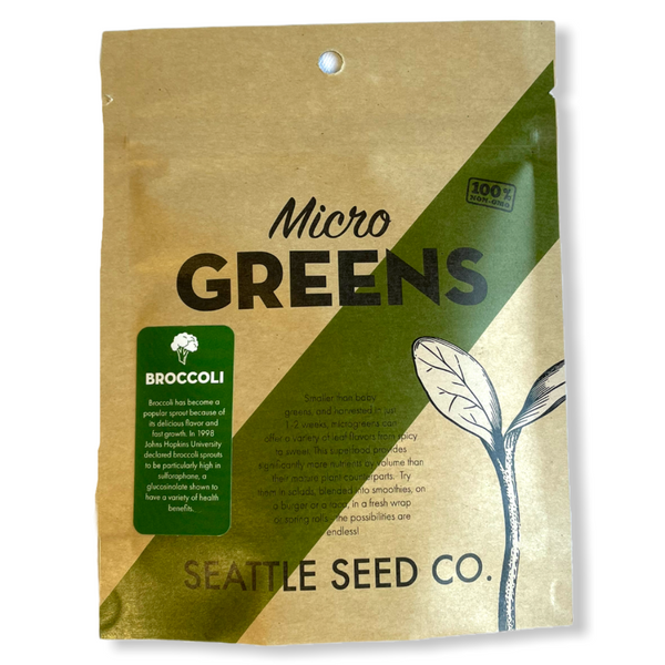 Large quantity of broccoli microgreens seeds in bulk packaging from Seattle Seed Company