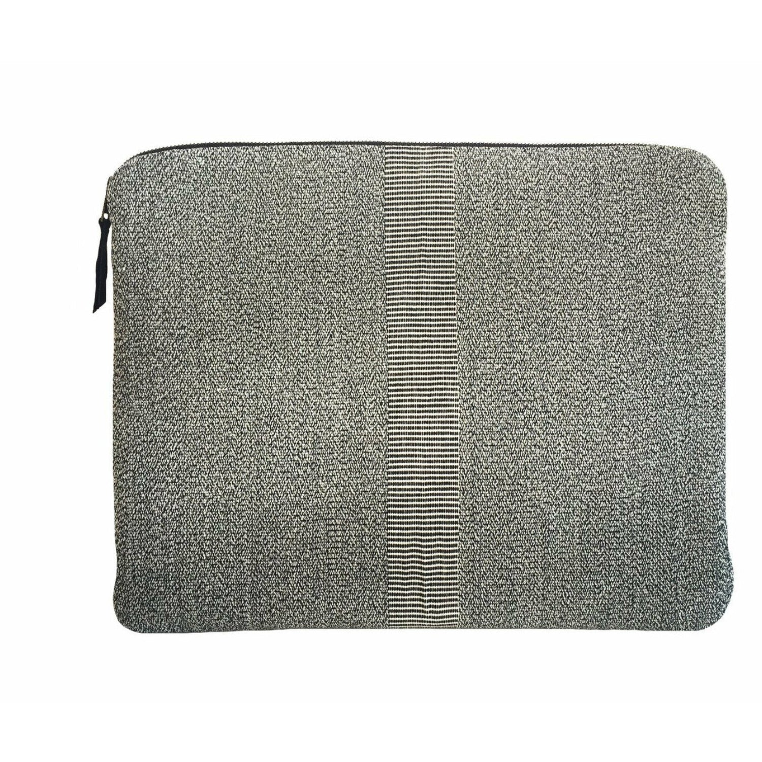 Havana 13-inch charcoal laptop sleeve handcrafted in Guatemala with foot-loomed fabric and leather zipper pull