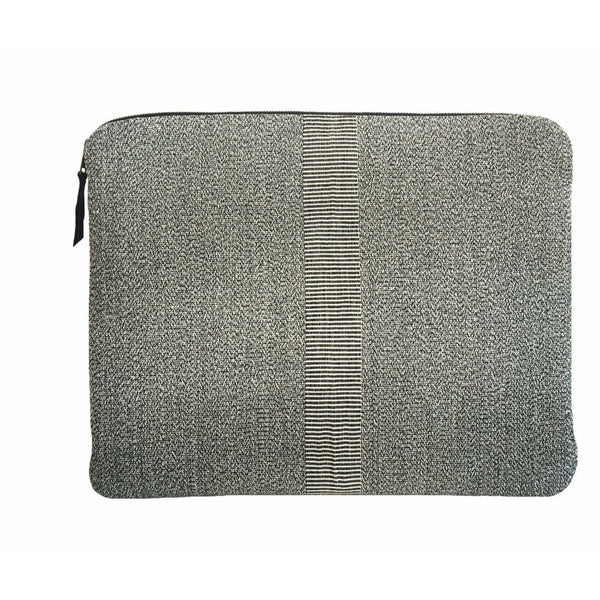 Havana 13-inch charcoal laptop sleeve handcrafted in Guatemala with foot-loomed fabric and leather zipper pull