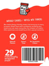 Back of a product packaging with text, icons, and a barcode on a red background