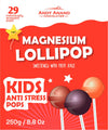 Andy Anand Chocolatier magnesium lollipop packaging with colorful lollipops on a red background.