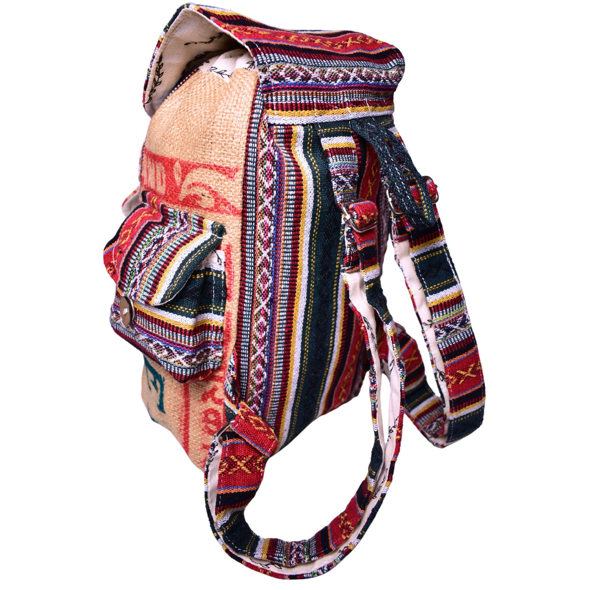 Close-up of the recycled burlap fabric and stitching on the Mini Recycled Travel Backpack Delhi
