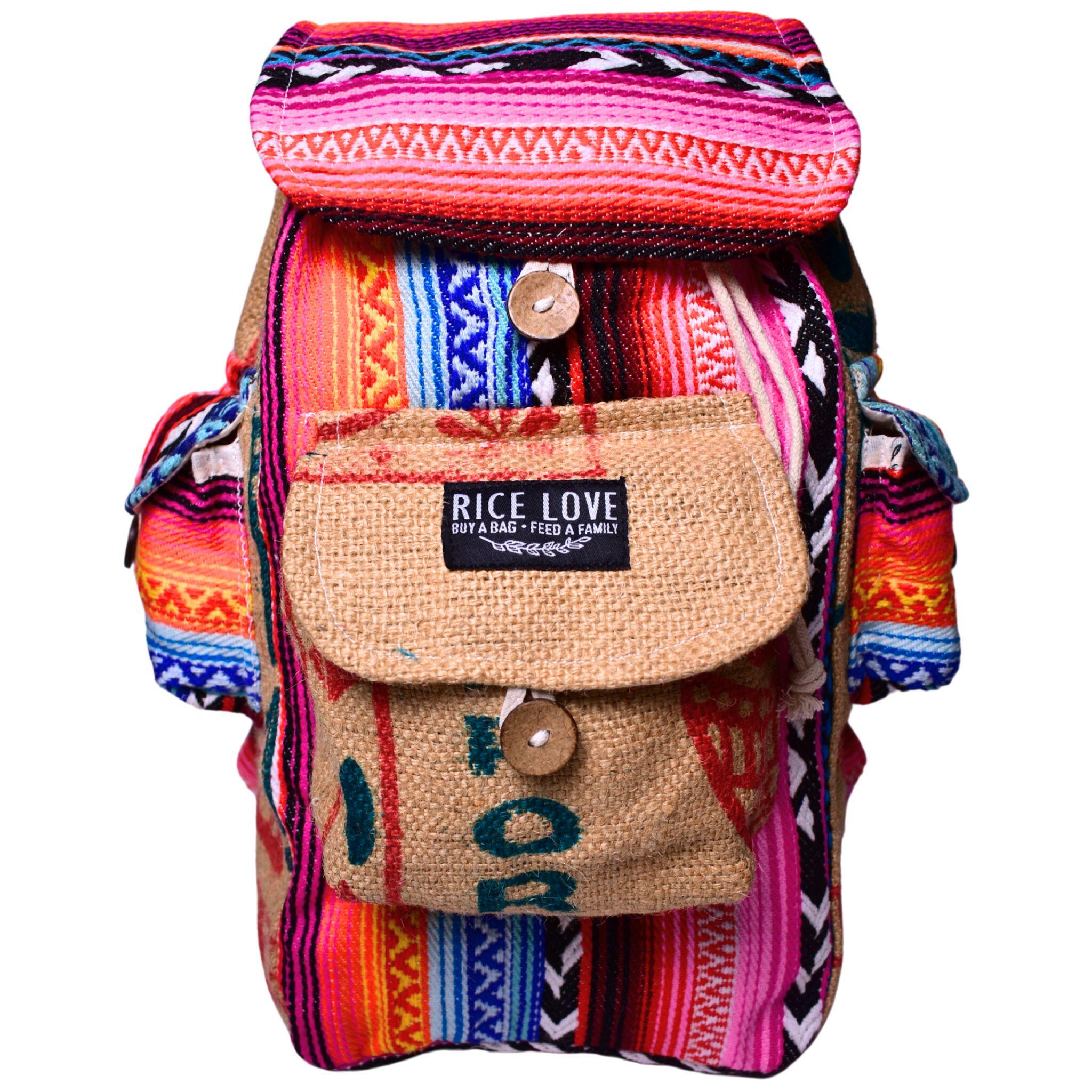 Mini Recycled Travel Backpack Ravi made from upcycled burlap rice bags