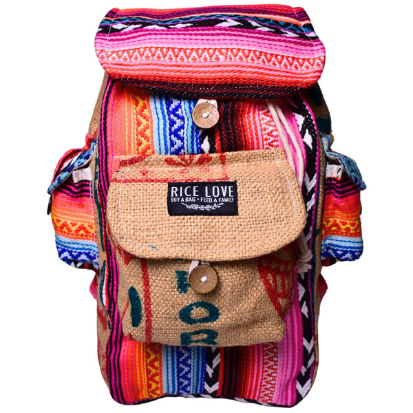 Mini Recycled Travel Backpack Ravi made from upcycled burlap rice bags