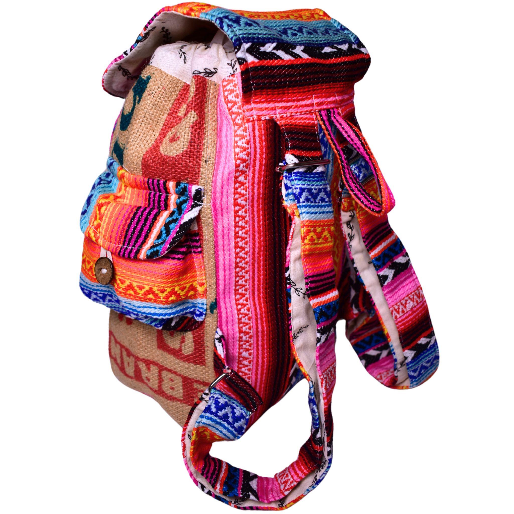 Close-up view of the Mini Recycled Travel Backpack Ravi showing recycled burlap texture