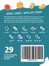 Back of a product packaging with text and icons on a teal background