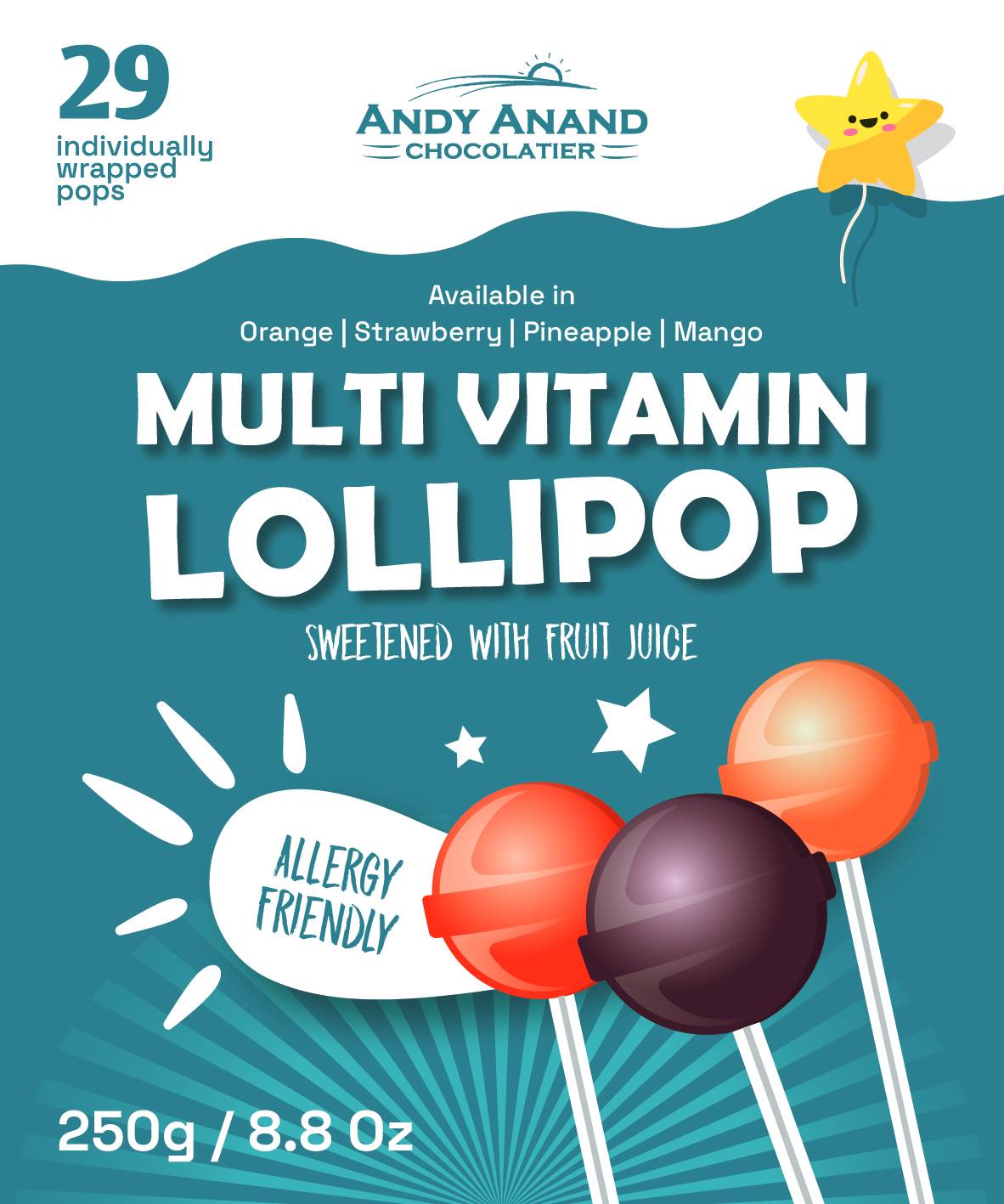 Andy Anand Chocolatier multi vitamin lollipop package with colorful lollipops on a blue background.