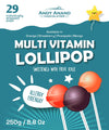 Andy Anand Chocolatier multi vitamin lollipop package with colorful lollipops on a blue background.
