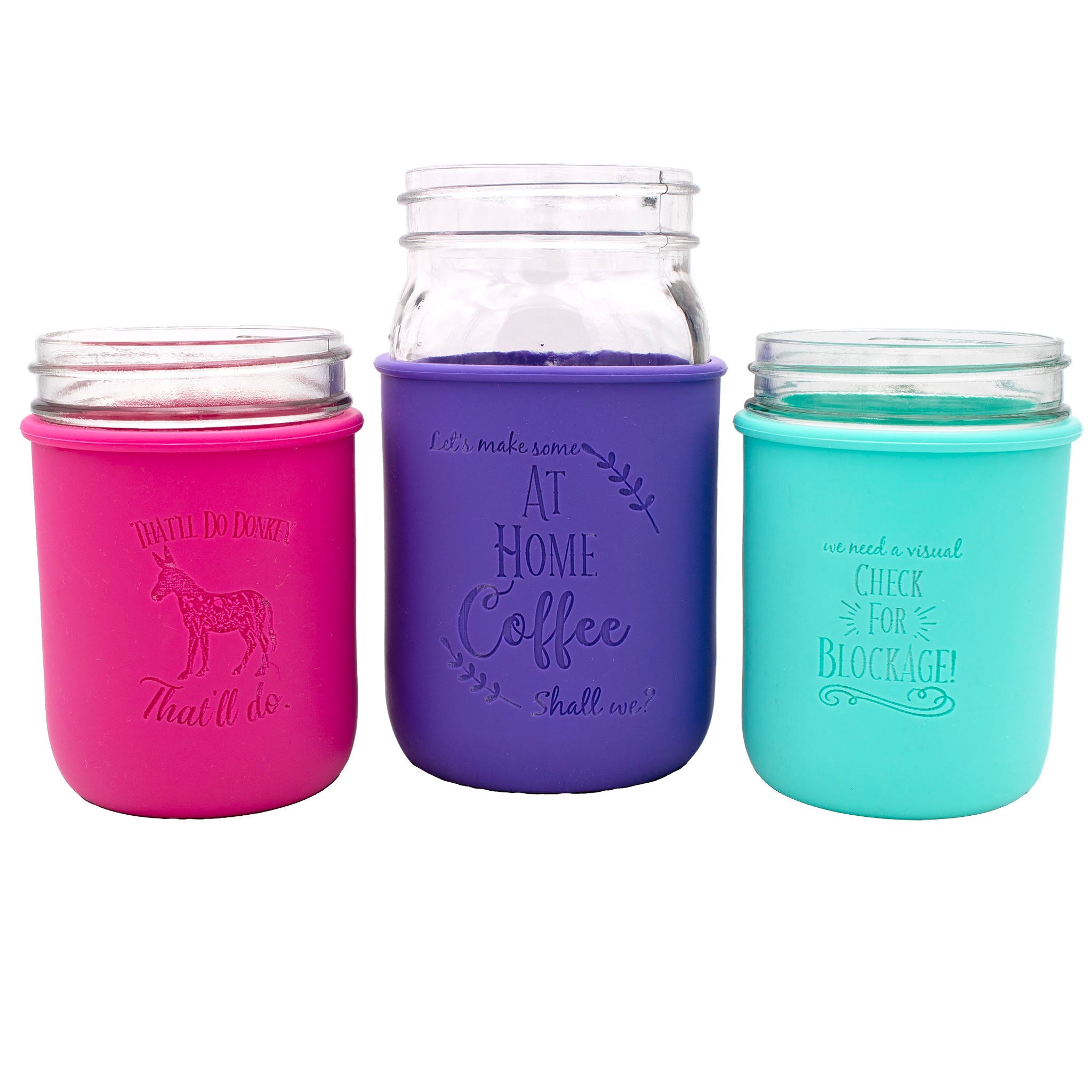 Three mason jar-style cups with colorful silicone sleeves on a white background