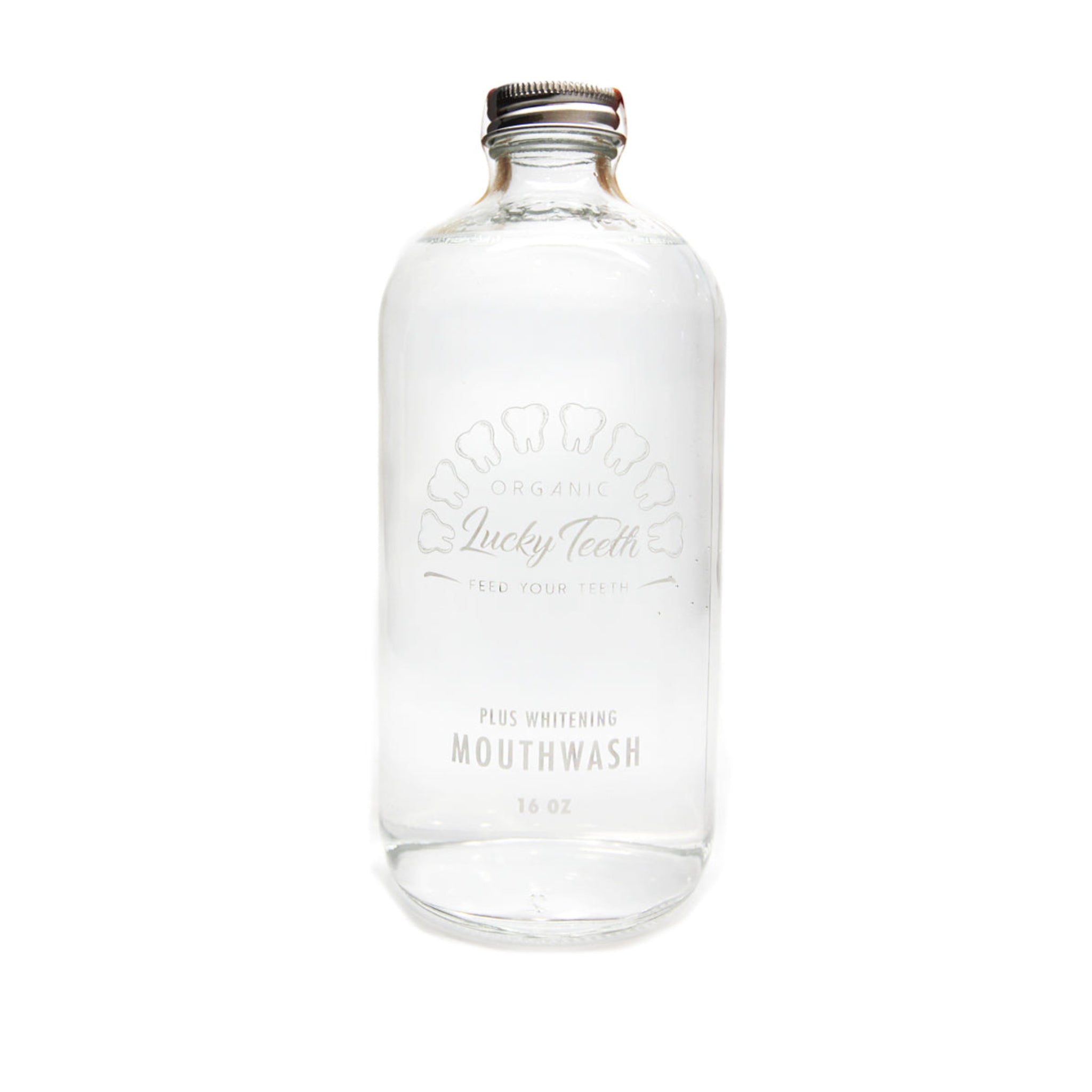 Clear mouthwash bottle with silver cap on a white background