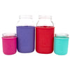 Set of four colorful jars with silicone sleeves on a white background