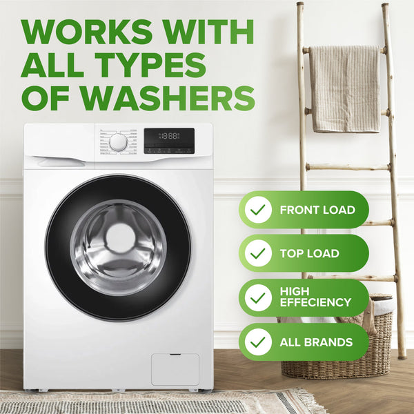 White washing machine with text indicating compatibility with all types of washers.