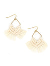 Fair Anita cream macrame drop earrings made from recycled brass and cotton macrame string, nickel-free, 2.25 inch length