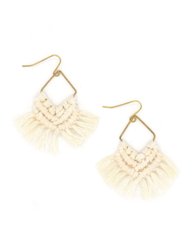 Fair Anita cream macrame drop earrings made from recycled brass and cotton macrame string, nickel-free, 2.25 inch length