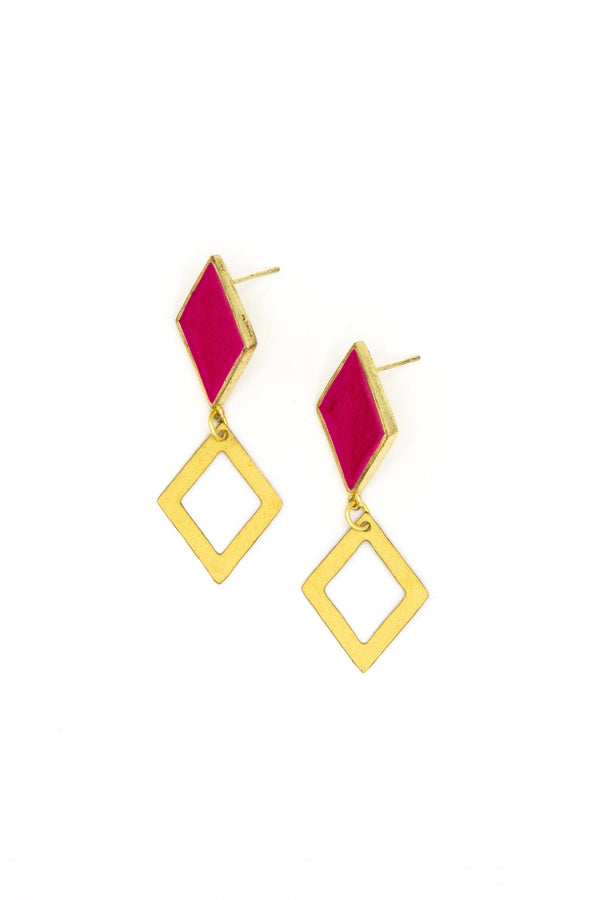 Magenta and gold geometric stud earrings by Fair Anita — ethically made in India, nickel-free