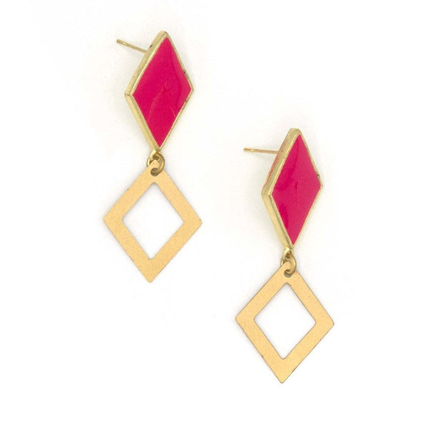 Magenta and gold geometric stud earrings handmade from brass-plated recycled metal and enamel by Fair Anita
