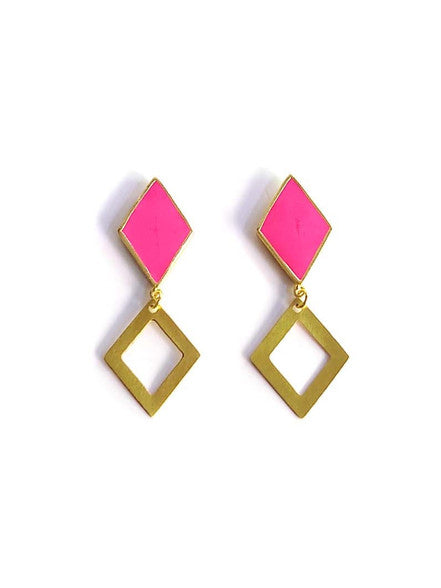 Fair Anita magenta and gold geometric earrings shown as a pair against a neutral background