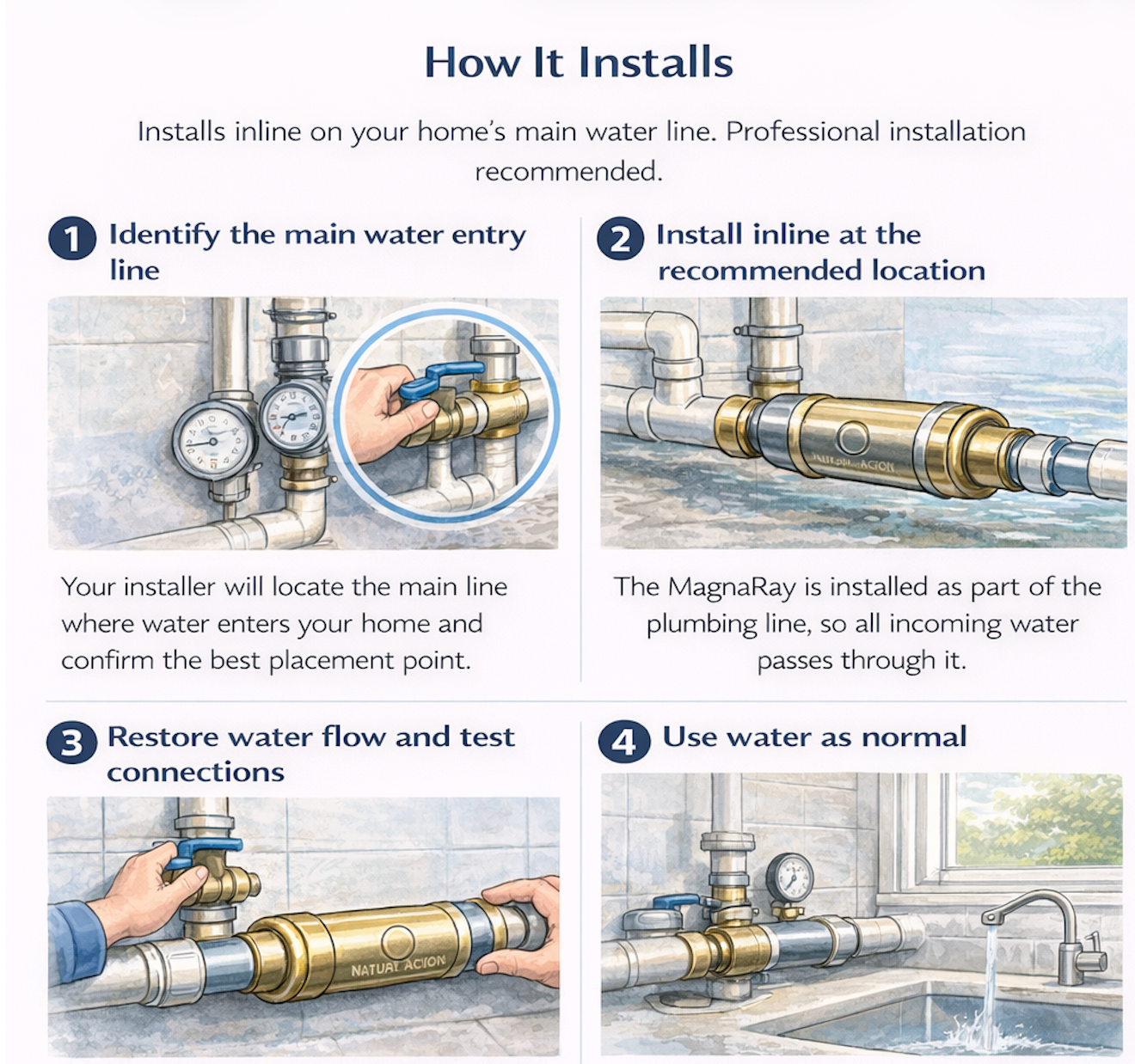 How the MagnaRay Advanced installs at your main water line for whole-home coverage