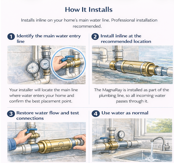 How the MagnaRay Advanced installs at your main water line for whole-home coverage