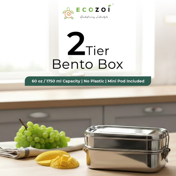 Ecozoi Stainless Steel Bento Lunch Box – 2-Tier, 3-Compartment, Leak-Proof, 60 oz